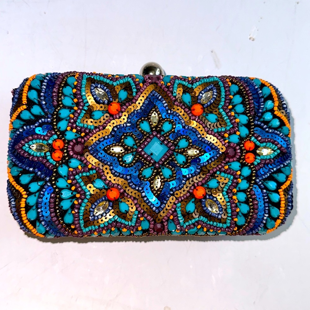 Glass Beaded Clutch Purse With Metal Crossbody Chain